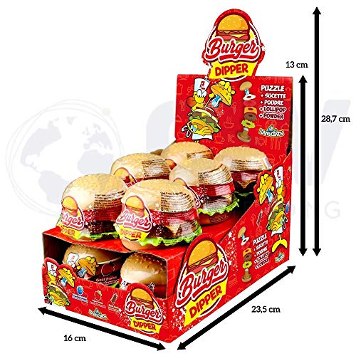 FunnyCandy Burger Diper- Chupete De Caramelo Y Polvos Picapica Con Forma De Puzzle De Hamburguesa - 3 Sabores Distintos, 12 Unidades