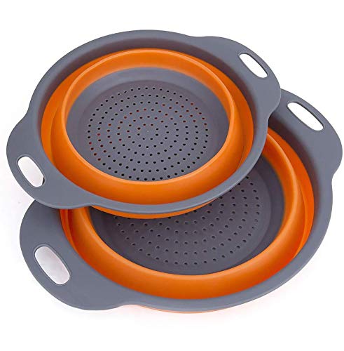 furein Par de Coladores de Silicona Plegables con Mango, Cesta de Lavado de Frutas y Verduras Colador Plegable para Pastas, Escurridor Portátil de Alimentos, Herramientas de Cocina (Naranja)