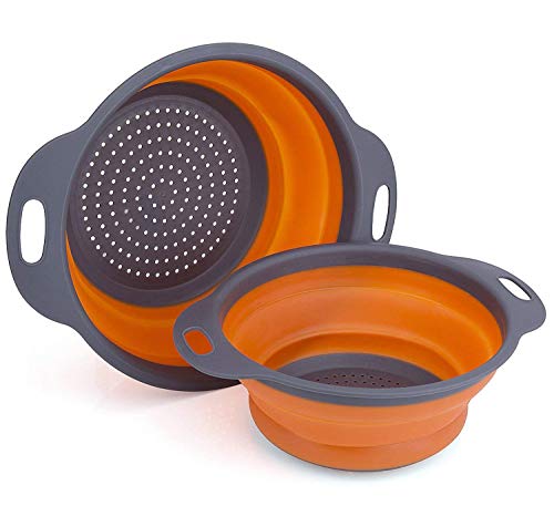 furein Par de Coladores de Silicona Plegables con Mango, Cesta de Lavado de Frutas y Verduras Colador Plegable para Pastas, Escurridor Portátil de Alimentos, Herramientas de Cocina (Naranja)