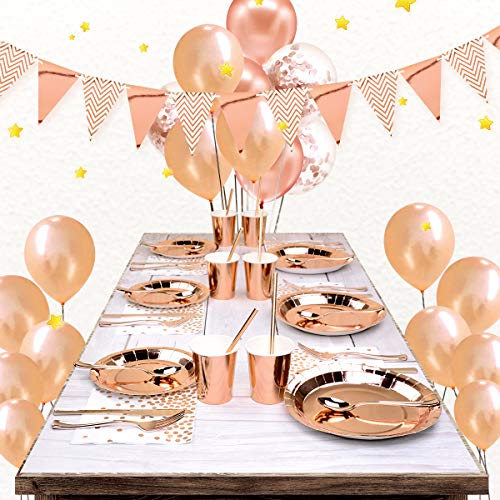 Furuix 194pcs vajilla de fiesta de oro rosa vajilla de papel de aluminio rosa plato de papel servilleta taza de papel vajilla aniversario de bodas cumpleaños vajilla de oro rosa (24 invitados)