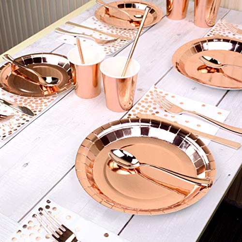 Furuix 194pcs vajilla de fiesta de oro rosa vajilla de papel de aluminio rosa plato de papel servilleta taza de papel vajilla aniversario de bodas cumpleaños vajilla de oro rosa (24 invitados)
