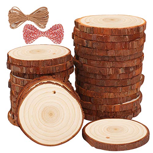 Fuyit Rodajas de Madera Círculos 6-7 cm 30 pcs Discos de Madera Rebanada 10m Cuerda de Cáñamo Maderas Naturales Perforado con Corteza de Árbol para Manualidades