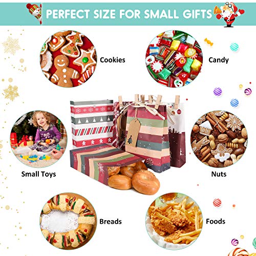 Gafild Bolsas de regalo navidad, 24pcs 6 Estilos bolsas de regalo papel Kraft con 48 Pegatinas Comida Dulces Galletas Chocolates para fiestas Bolsa Kraft para Navidad, fiesta 22x15x6cm