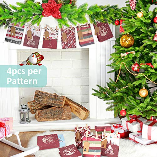 Gafild Bolsas de regalo navidad, 24pcs 6 Estilos bolsas de regalo papel Kraft con 48 Pegatinas Comida Dulces Galletas Chocolates para fiestas Bolsa Kraft para Navidad, fiesta 22x15x6cm