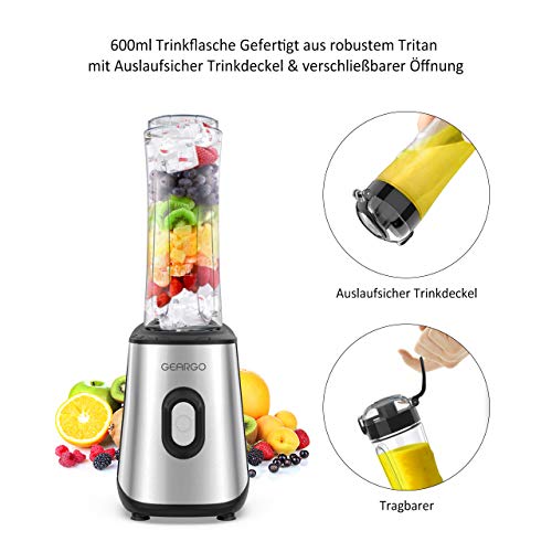 GEARGO mini licuadora batidora,licuadora portátil para batidos, helados, bebidas de frutas y verduras, 300 W, sin BPA, cuchillo de acero inoxidable con botellas de plástico Tritan de 600 ml