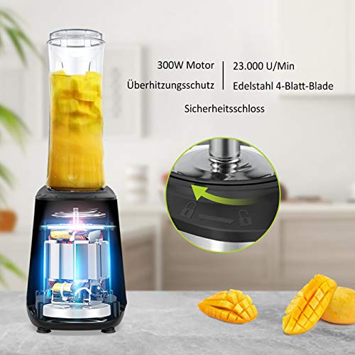 GEARGO mini licuadora batidora,licuadora portátil para batidos, helados, bebidas de frutas y verduras, 300 W, sin BPA, cuchillo de acero inoxidable con botellas de plástico Tritan de 600 ml