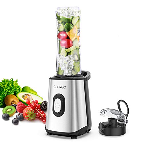 GEARGO mini licuadora batidora,licuadora portátil para batidos, helados, bebidas de frutas y verduras, 300 W, sin BPA, cuchillo de acero inoxidable con botellas de plástico Tritan de 600 ml