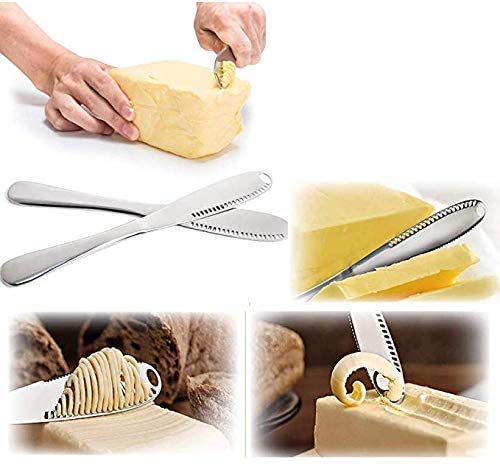 Geeke Cuchillo de Mantequilla 3 en 1, Clip de Mantequilla de Acero Inoxidable Multifuncional y Separador con Bordes dentados, Molinillo para Cortar Queso de Frutas y Verduras, 2 Piezas