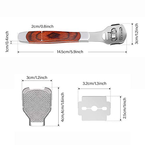 GeekerChip Lima de Callos de Acero Inoxidable con Mango de Madera,Cortacallos para Eliminar Callos y Durezas con 10 Cuchillas Incluidas para Pedicura y Cuidado de Pies