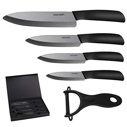 GEEKHOM Cuchillos de Cocina, Juego de Cuchillos de Cerámica de Acero Inoxidable, 5 Piezas (4 x Cuchillos, 1 x pelador, Negro)