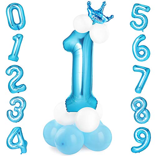 GeeRic globo numero 1, globos numeros gigantes de cumpleaños Globos de colores de látex para niños, bautizos, decoraciones de fiesta de graduación de bodas Azul