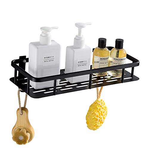 GERUIKE Estante Ducha Cesta de Ducha Estante de almacenaje para baño Cocina Bandeja de Ducha Adhesiva con Aluminio Instalación sin Clavos sin Taladro Negro Rectangular