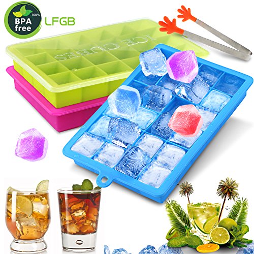 Gifort Bandeja de Hielo,Bandejas para Hielo Silicona con Tapa,Bandejas de Silicona,3 Pack Bandeja Del Cubo de Hielo de Calidad Profesional,Vino Frutas Hierbas Salsas Postres Cócteles Cola Whisky