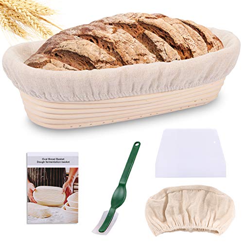 Gifort Cesta de Fermentación de Pan, Banneton Ovalada 750g, Cesta de Ratán Natural para Pan y Masa 28 x 14 x 8 cm con Tela de Lino, Raspador de Masa y Cuchillo de Panadero