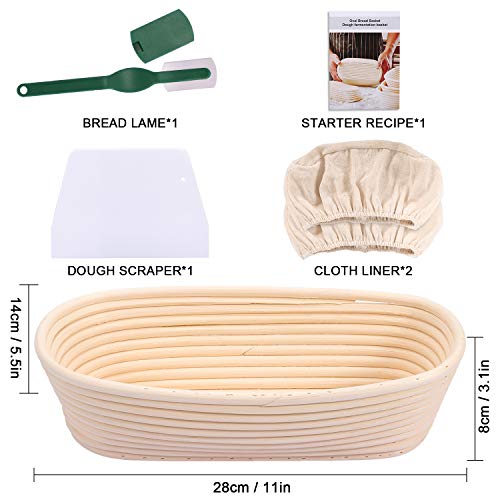 Gifort Cesta de Fermentación de Pan, Banneton Ovalada 750g, Cesta de Ratán Natural para Pan y Masa 28 x 14 x 8 cm con Tela de Lino, Raspador de Masa y Cuchillo de Panadero