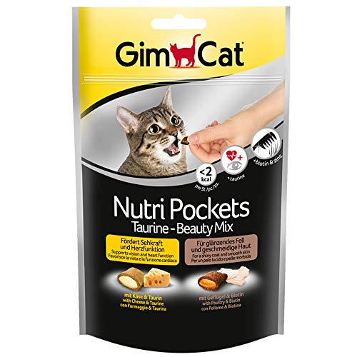 GimCat Nutri Pockets – Snack crujiente para gatos: provisto de relleno cremoso e ingredientes funcionales – Sin azúcar añadido – Mezcla Beauty de taurina – 1 bolsa (1 x 150 g)