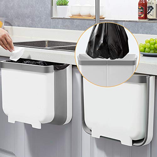 Gkodeamig Cubos de Basura Colgando, Cubo Basura Reciclaje, Bote de Basura Plegable 2 en 1 para Puerta de Armario de Cocina, Dormitorio, Baño (Gris, 13L)