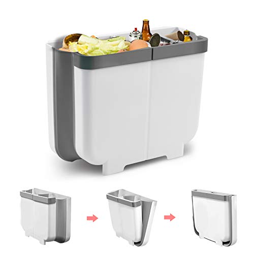 Gkodeamig Cubos de Basura Colgando, Cubo Basura Reciclaje, Bote de Basura Plegable 2 en 1 para Puerta de Armario de Cocina, Dormitorio, Baño (Gris, 13L)