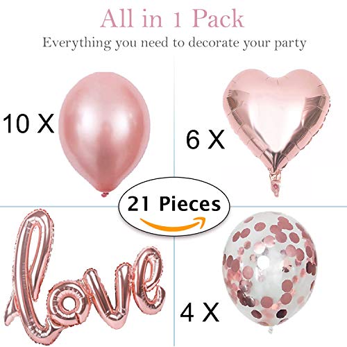 Globos de Oro Rosa Dorado, Globo Love XXL Helio o Aire,6 Corazón Rosegold,4 Globos de Confeti,10 de látex, Decoración Romantica Día de San Valentín Bodas Nupcial Aniversario y Compromiso