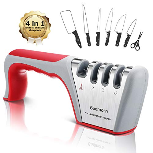 Godmorn Afilador de Cuchillos Profesional, 4 en 1 Knife Sharpener, Afilador Cuchillos Manuales de Cocina de 4 Etapas para Muchos Tipos de Cuchillos,Apto para Uso en Cocina y Exterior.