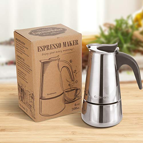 Godmorn Cafetera Italiana,Cafetera espressos en Acero inoxidable430,4tazas(Nota:1 Taza es 50ml),Conveniente para la Cocina de inducción,Cafetera Moka Clásica,Plata, Uso Doméstico y en la Oficina.