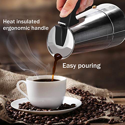 Godmorn Cafetera Italiana,Cafetera espressos en Acero inoxidable430,6 Tazas(300ml),Conveniente para la Cocina de inducción,Cafetera Moka Clásica,Plata, Uso Doméstico y en la Oficina.