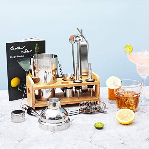 Godmorn Set de Cocktail, Accesorios de Cóctel de Acero Inoxidable 13 Pezzi, Shaker 550ml, Abridor de Botellas, Cucharilla Cocktail y Estantes de Madera, 20 Folletos de Recetas de Cócteles