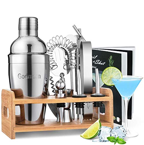 Godmorn Set de Cocktail, Accesorios de Cóctel de Acero Inoxidable 13 Pezzi, Shaker 550ml, Abridor de Botellas, Cucharilla Cocktail y Estantes de Madera, 20 Folletos de Recetas de Cócteles