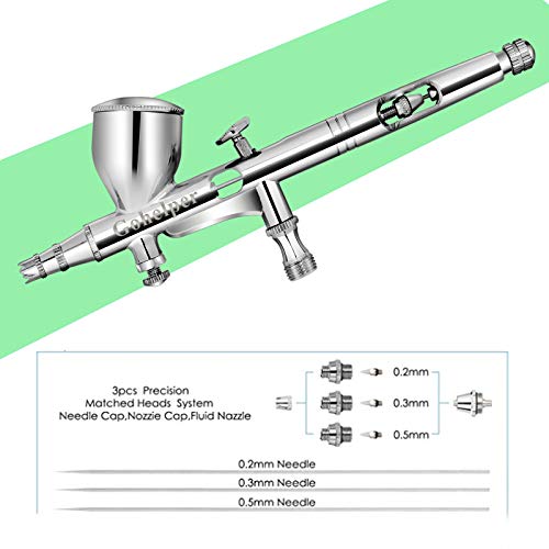 Gohelper Mini Kit Aerógrafo modelismo Profesional Airbrush Doble Acción con limpieza 0.2 0.3 0.5 Boquillas Agujas pistola Aerógrafo para reposteria,pintura,maquillaje facial,uñas,Manicure Cake