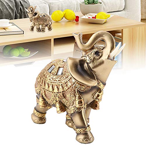 Golden Polyresin Estatua de elefante Escultura Tronco Riqueza Afortunada Coleccionable Estatuilla Regalo Decoración para el hogar Feng Shui Ornamento(L)