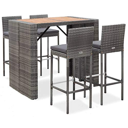 Goliraya Muebles de Bar Jardín Exterior 5 pzas Ratán Sintético Madera Acacia Gris,Mesa y Sillas Jardín,Mesa y Sillas Exterior,Mesa y Sillas de Bar,Conjunto Mesa y Sillas Jardin y Terraza