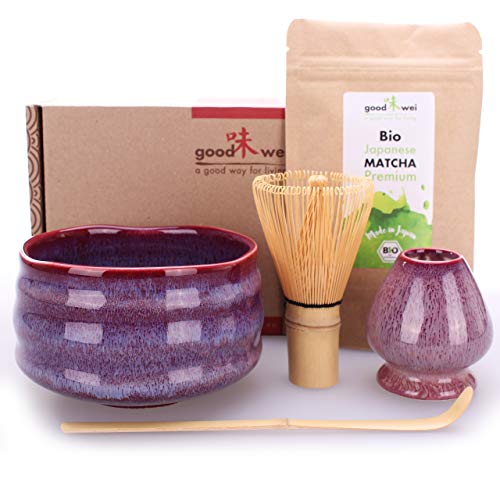 Goodwei Juego de Matcha - 30g Té Matcha Biológico Japonés, Cuenco Ceremonial, Batidor y Soporte (Seiun)