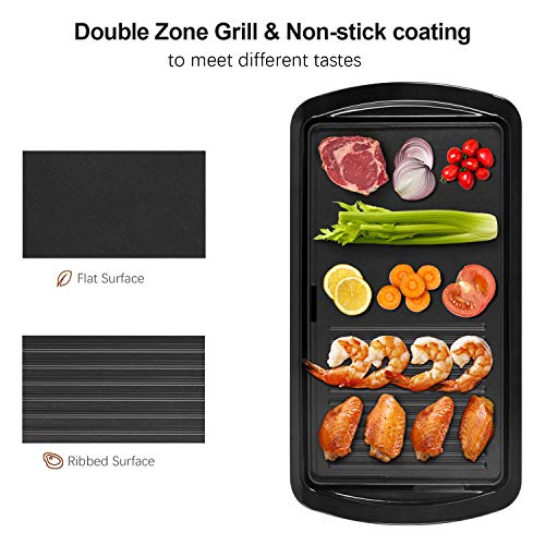 Gotoll Plancha de Asar Antiadherente 1800W,Parrilla Eléctrica Temperatura Ajustable,Bandeja Recoge Aceite Extraíble,Superficie parrilla 43x23CM