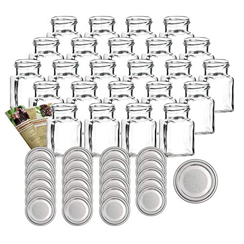 gouveo Set de 24 tarros de conservas cuadrados de 150 ml con tapa de rosca plateada, tarros de almacenamiento, tarros de mermelada, tarros de especias, tarros de conservas