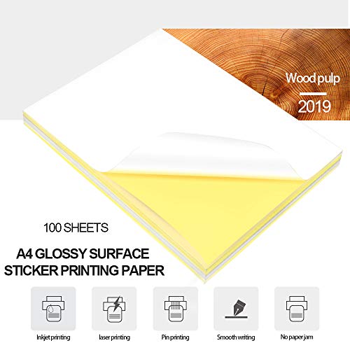 Granvoo Etiquetas adhesivas A4 Sticker Paper 297mm x 210mm con papel brillante + pegamento para impresoras láser, impresoras de inyección de tinta y copiadoras