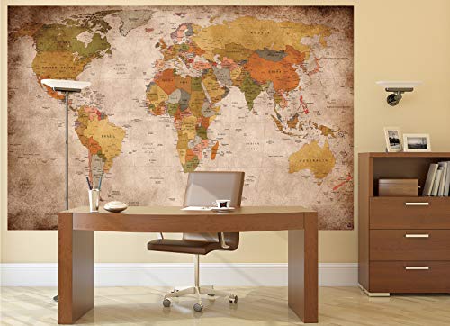 GREAT ART Mural De Pared – Viejo Mapa del Mundo – Mirada Usada Globo Continentes Atlas Retro Vieja Escuela Vintage Terráqueo Geografía Foto Papel Tapiz Y Decoración (210 X 140 Cm)