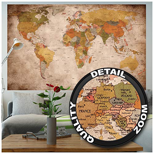 GREAT ART Mural De Pared – Viejo Mapa del Mundo – Mirada Usada Globo Continentes Atlas Retro Vieja Escuela Vintage Terráqueo Geografía Foto Papel Tapiz Y Decoración (210 X 140 Cm)