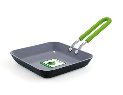 GreenPan CW001360-002 Cerámica saludable 100% ToxinFree Antiadherente Utensilio de metal / Lavaplatos / OvenSafe Sartén cuadrada de huevo abierto con funda de silicona - 12.5cm - Negro / Verde