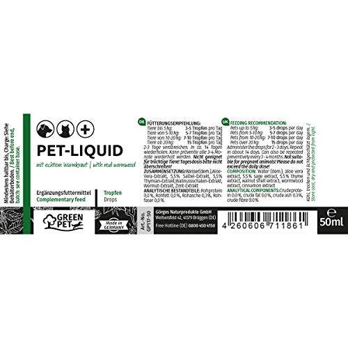 GreenPet Pet Liquid Desparasitación Anti Gusanos. Apto para perros, gatos y aves.