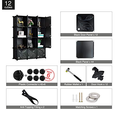 Greenstell 12 Cubos Organizadores para Almacenamiento con Puertas, Estantes de Plástico Apilables DIY, Multifuncionales, Modulares, Estantería de Armario para Libros(Negro con Puerta)