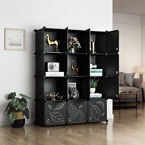 Greenstell 12 Cubos Organizadores para Almacenamiento con Puertas, Estantes de Plástico Apilables DIY, Multifuncionales, Modulares, Estantería de Armario para Libros(Negro con Puerta)