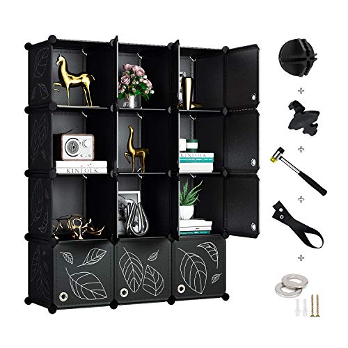 Greenstell 12 Cubos Organizadores para Almacenamiento con Puertas, Estantes de Plástico Apilables DIY, Multifuncionales, Modulares, Estantería de Armario para Libros(Negro con Puerta)