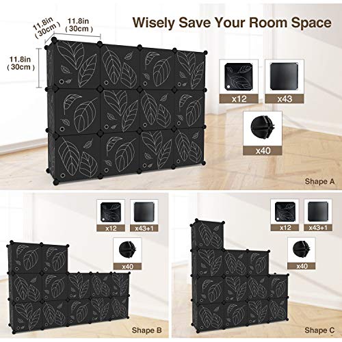 Greenstell 12 Cubos Organizadores para Almacenamiento con Puertas, Estantes de Plástico Apilables DIY, Multifuncionales, Modulares, Estantería de Armario para Libros(Negro con Puerta)