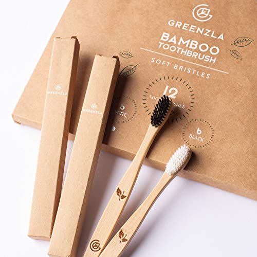 Greenzla Cepillos de Dientes de Bambú (Kit de 12) | Cepillos de Dientes de Carbón de Cerdas Suaves | Cepillo de Dientes de Bambú Natural y Ecológico | Madera Biodegradables y 100% Orgánicos