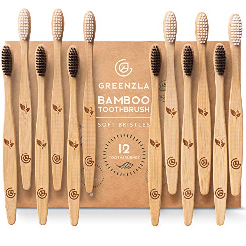 Greenzla Cepillos de Dientes de Bambú (Kit de 12) | Cepillos de Dientes de Carbón de Cerdas Suaves | Cepillo de Dientes de Bambú Natural y Ecológico | Madera Biodegradables y 100% Orgánicos