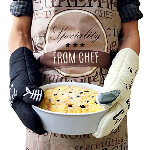 GREVY Guantes de Cocina, Guantes de Horno Resistentes al Calor Perfectos para Cocinar, Hornear y Barbacoas,Cat con gato negro