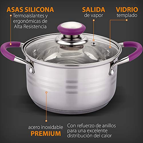 GRIDINLUX. Batería de cocina. 8 piezas de Alta Gama, Resistente. Acero Inoxidable, Material Alta Calidad, Set Antiadherente, Asas Silicona, Juego Cacerolas Resistentes, Todo tipo de Cocinas