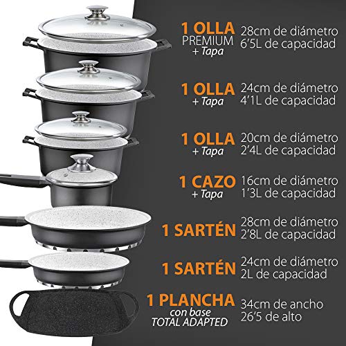 GRIDINLUX. Batería de Titanio y Fondo de Piedra. 25 Piezas. 12 Utensilios y 1 Delantal, Batería Completa, Antiadherente, Juego Set Ollas, Apta para todo tipo de Cocinas, Fácil limpieza