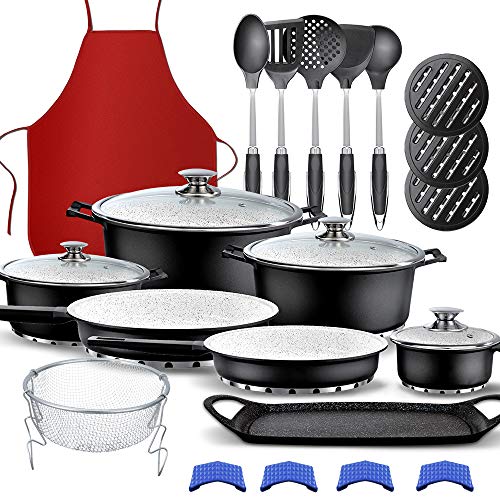 GRIDINLUX. Batería de Titanio y Fondo de Piedra. 25 Piezas. 12 Utensilios y 1 Delantal, Batería Completa, Antiadherente, Juego Set Ollas, Apta para todo tipo de Cocinas, Fácil limpieza