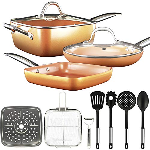 GRIDINLUX. Set Sartenes 12 pzs, Antiadherente, Accesorios, Juego Color Cobre, Revestimiento Cerámica, Aluminio Alta Calidad, Acero Inox, Cocina Saludable, Modernas, Todo tipo de Cocinas.